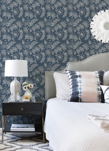 Maeve Midnight Blue wallpaper bringing folk floral charm to a room