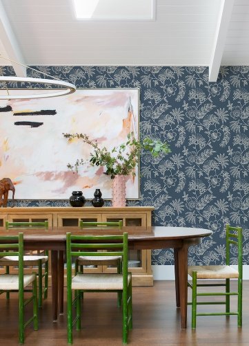 Maeve Midnight Blue wallpaper styled in a traditional interior