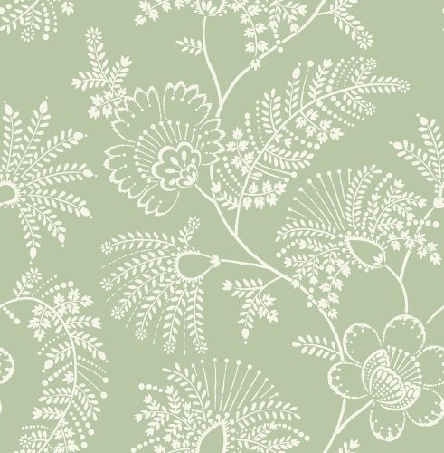 A Street Prints Maeve Sage Wallpaper roll shot with delicate white floral pattern on green background