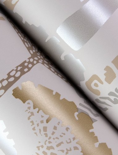 Roll shot of Unify Natural and Gold Wallpaper with artistic tree patterns and soft, neutral hues