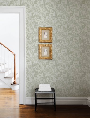 A Street Prints Jacaranda Sage Wallpaper in a soft sage colourway, featuring botanical elements and hidden toucans for a subtle yet stylish finish.