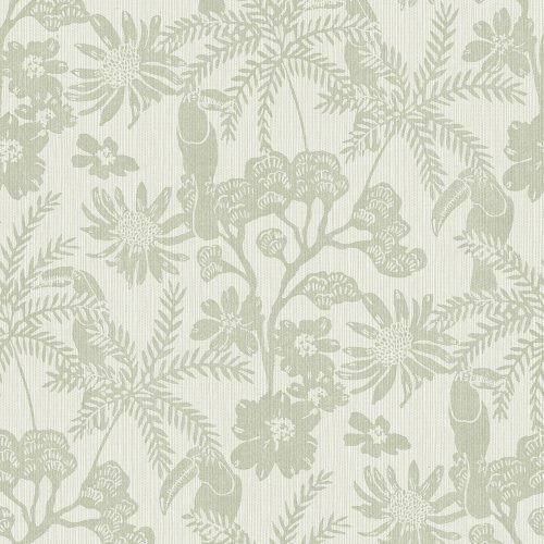 A Street Prints Jacaranda Sage Wallpaper with a botanical pattern featuring palm leaves, exotic flowers, and hidden toucans in soft sage green tones.