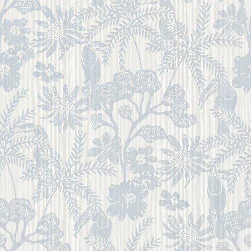 A Street Prints Jacaranda Blue Wallpaper with palm leaves, exotic flowers, and hidden toucans in soft blue tones.