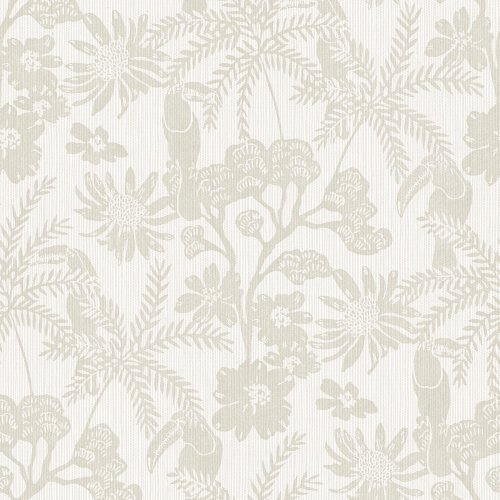 A Street Prints Jacaranda Stone Wallpaper featuring palm leaves, tropical flowers, and toucans in soft stone and neutral tones.