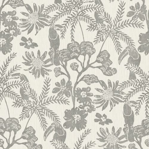 A Street Prints Jacaranda Charcoal Wallpaper botanical pattern featuring palm leaves, tropical flowers, and toucans in dark grey shades.