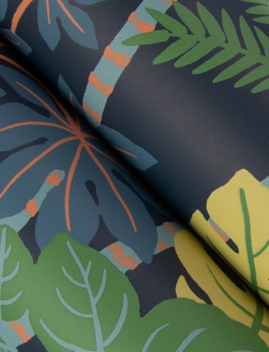 A Street Prints Caspian Blue Wallpaper showing bold foliage and tiger details in rich green and golden tones.