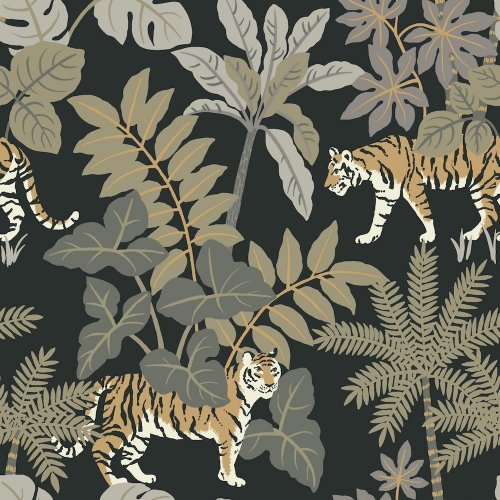 A Street Prints Caspian Charcoal Wallpaper featuring tigers among lush tropical foliage with an earthy colour palette on a deep charcoal background.