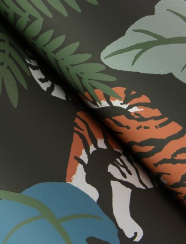 A Street Prints Caspian Blue & Grey Wallpaper showing detailed jungle foliage and tiger motifs.