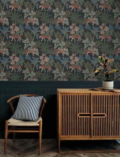 A Street Prints Caspian Blue & Grey Wallpaper with a dramatic colour palette and intricate tropical detailing for a striking feature wall.