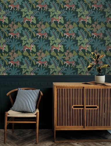 A Street Prints Caspian Green Wallpaper showcasing exotic wildlife and lush greenery for a jungle-inspired interior.