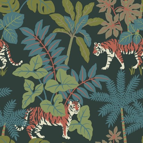 A Street Prints Caspian Green Wallpaper featuring tigers among dense tropical foliage on a rich green background.