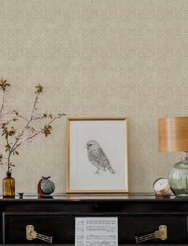 A Street Prints Gallivant Natural Wallpaper featuring an intricate textile-inspired design for a sophisticated touch.