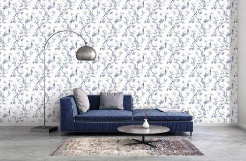 Galerie Classic Bird Trail Blue & White Wallpaper Room