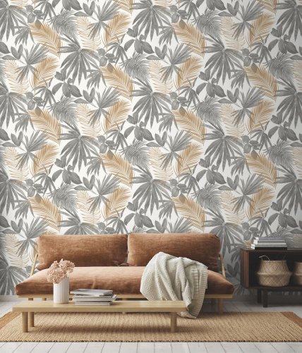 Grandeco Wild Palms Grey Wallpaper Room