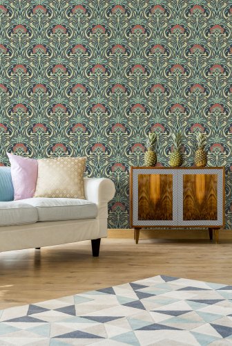 Floral Nouveau in peacock green wallpaper