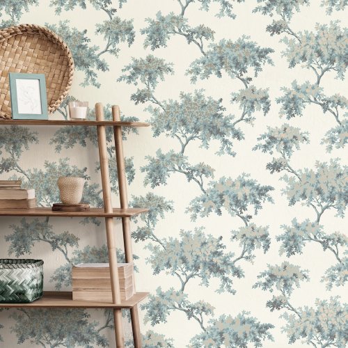 Crown Archive Tree Teal Wallpaper Room 2