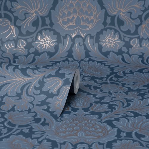 Elegant dark blue wallpaper featuring detailed damask designs by Crown