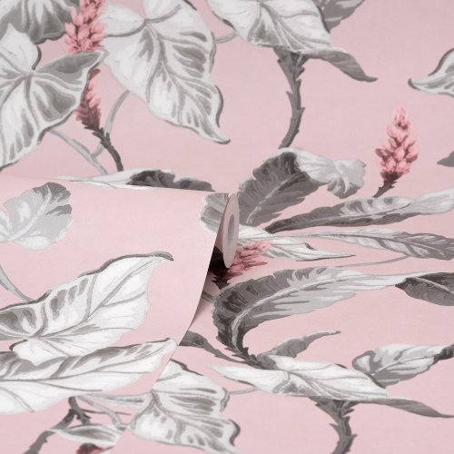 Roll of Crown Meridian Parade Pink and Grey Wallpaper with soft pink background