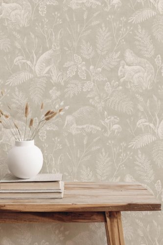 Crown Woodland Toile Beige Wallpaper Room 2