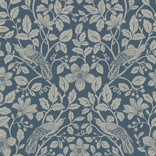 Crown Marlow Blue Wallpaper with detailed birds and foliage pattern
