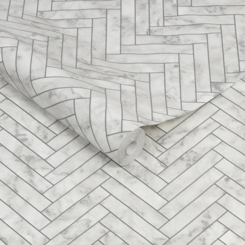 Contour Antibac Marble Chevron Tile White Wallpaper 112644