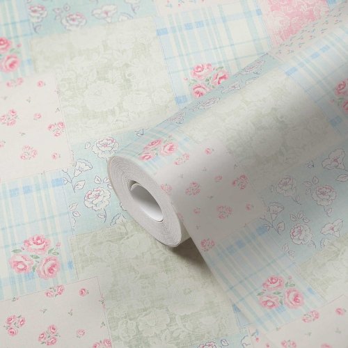 Galerie Patchwork Vintage Floral Motif Blue / Grey / Pink Wallpaper Roll