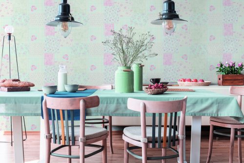 Galerie Patchwork Vintage Floral Motif Blue / Grey / Pink Wallpaper Room