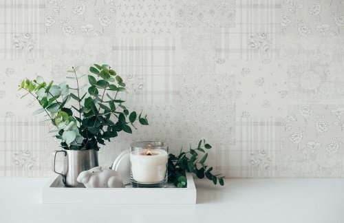 Galerie Patchwork Vintage Floral Motif Blue / Grey / Pink Wallpaper Room
