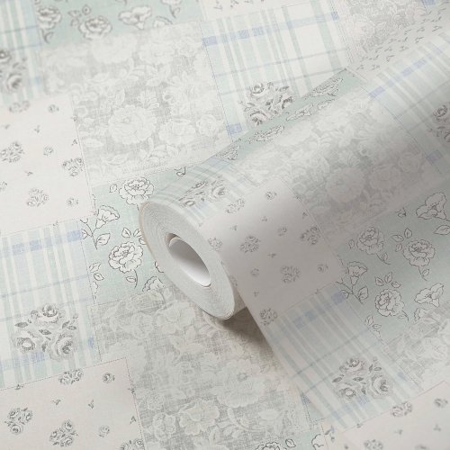 Galerie Patchwork Vintage Floral Motif Blue / Grey / White Wallpaper Roll