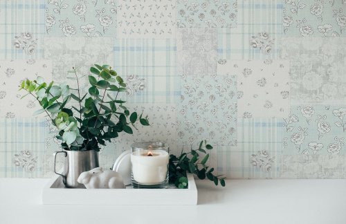 Galerie Patchwork Vintage Floral Motif Blue / Grey / White Wallpaper Room 3