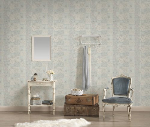 Galerie Patchwork Vintage Floral Motif Blue / Grey / White Wallpaper Room