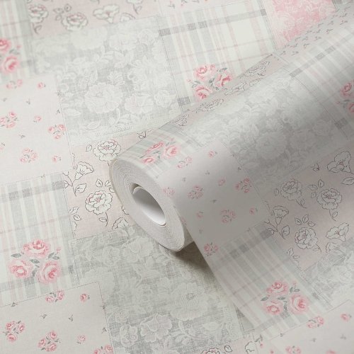 Galerie Patchwork Vintage Floral Motif Grey / Pink / White Wallpaper Roll