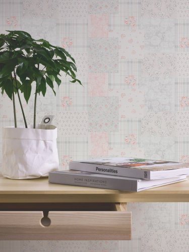 Galerie Patchwork Vintage Floral Motif Grey / Pink / White Wallpaper Room
