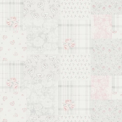 Galerie Patchwork Vintage Floral Motif Grey / Pink / White Wallpaper