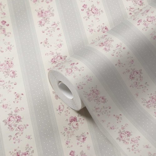 Galerie Vintage Rose Stripe Motif Silver Grey Wallpaper Roll