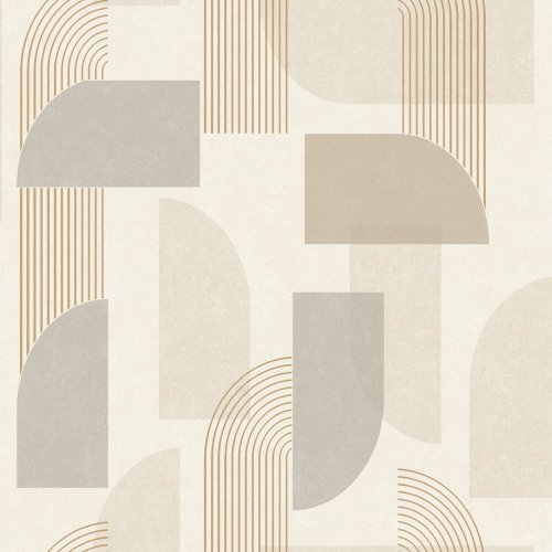 Geometric taupe, grey, and beige wallpaper featuring arches and block shapes.