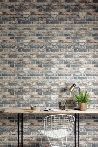 Interior wall with Grandeco Rustic Brick Blue/Grey Wallpaper for a modern industrial vibe