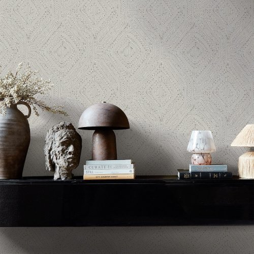 Second room view of Abigail Ahern Artisan Weave Cream wallpaper with natural, layered decor