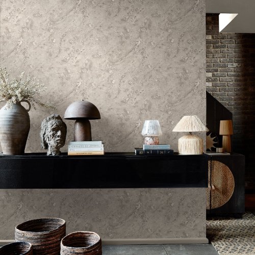 Second room view of Abigail Ahern Boheme Marble Dove wallpaper with soft, layered décor