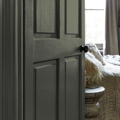 Painted door in Abigail Ahern Desert Saltbush with earthy, layered styling