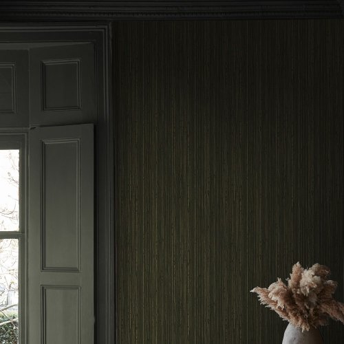 Second room view of Abigail Ahern Fibre Stripe Forest wallpaper with moody, natural deco