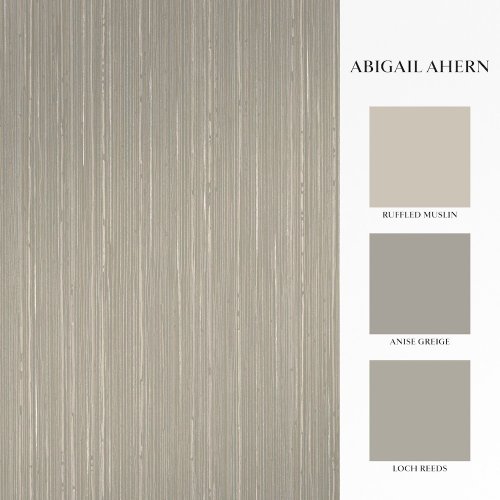 Second room view of Abigail Ahern Linear Luxe Deep Greige wallpaper with layered, elegant decor