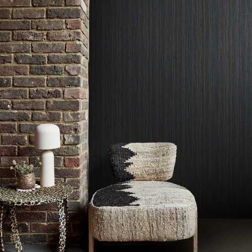 Second room view of Abigail Ahern Fibre Stripe Twilight wallpaper with elegant, layered decor