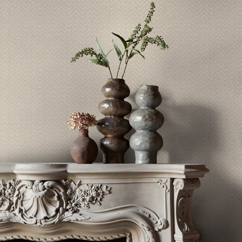 Second room view of Abigail Ahern Herringbone Weave Pebble wallpaper with classic-modern decor