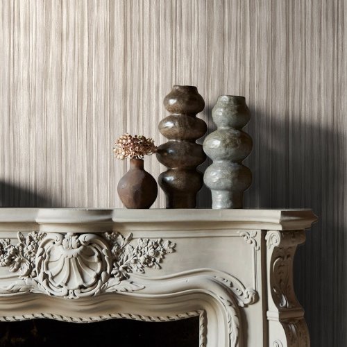 Room styled with Abigail Ahern Linear Luxe Pewter wallpaper in a calm, modern interior