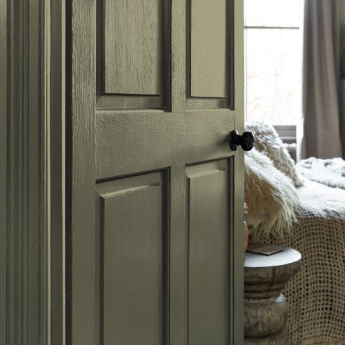Painted door in Abigail Ahern Neptune Grass with warm, nature-inspired styling