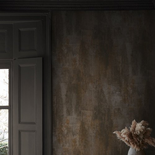 Second room view of Abigail Ahern Oxidized Opulence Moss wallpaper with rich, layered décor