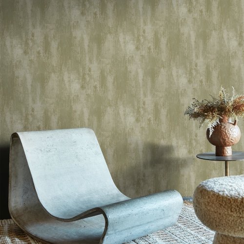 Room styled with Abigail Ahern Oxidized Opulence Misted Sage wallpaper in a soft, elegant interior