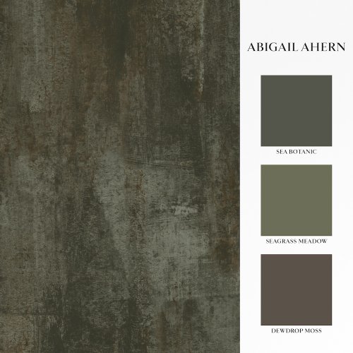 Roll shot of Abigail Ahern Oxidized Opulence Moss wallpaper showing oxidized surface detail