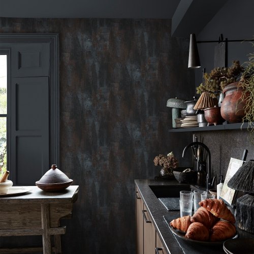 Second room view of Abigail Ahern Oxidized Opulence Nightfall wallpaper with industrial-luxe styling